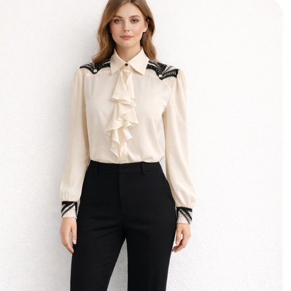 Bianca Tops - Bianca | Vintage Ivory Black Embellished Frill Blouse